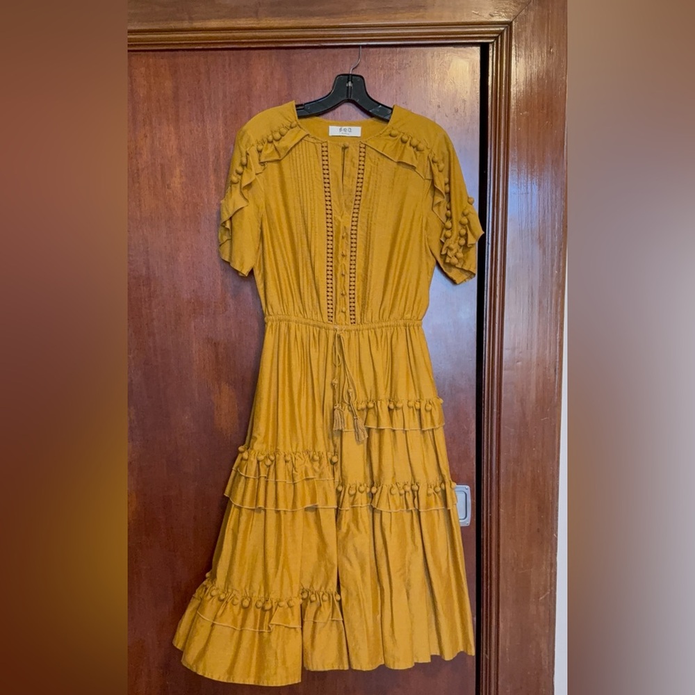 Sea Mustard Midi Dress with Ruffle Details
